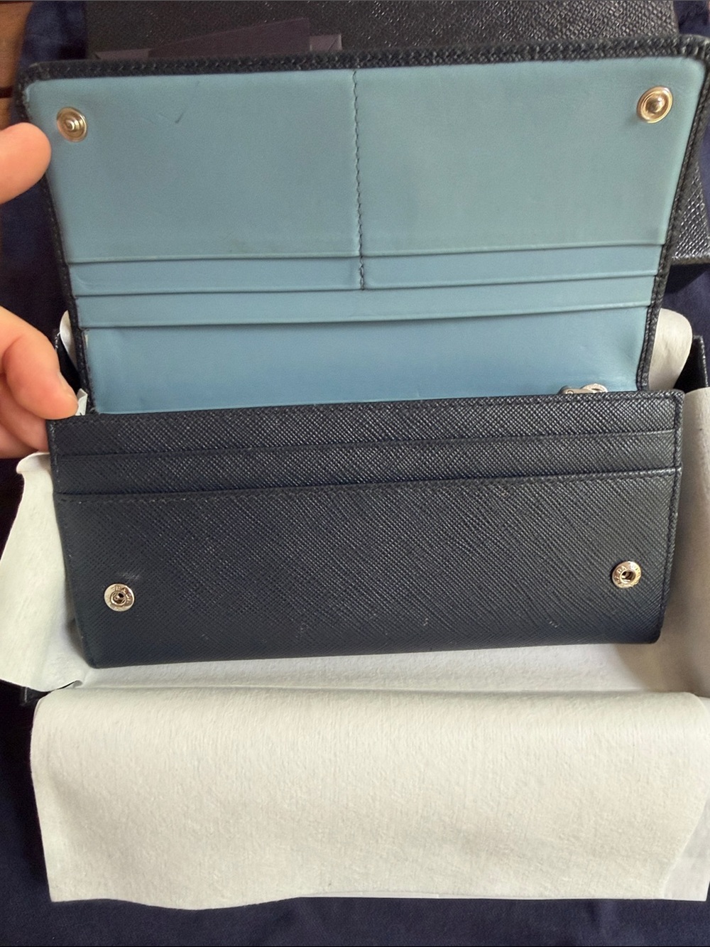 Prada Navy Blue Baltico Saffiano Leather Continental Wallet with Gold Logo - Picture 4 of 16